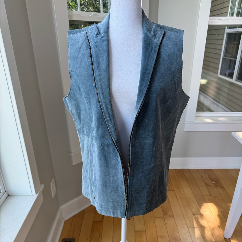 Vintage Ruff Hewn Light Slate Blue Suede Leather Zip Front Vest Fully Lined Sz M